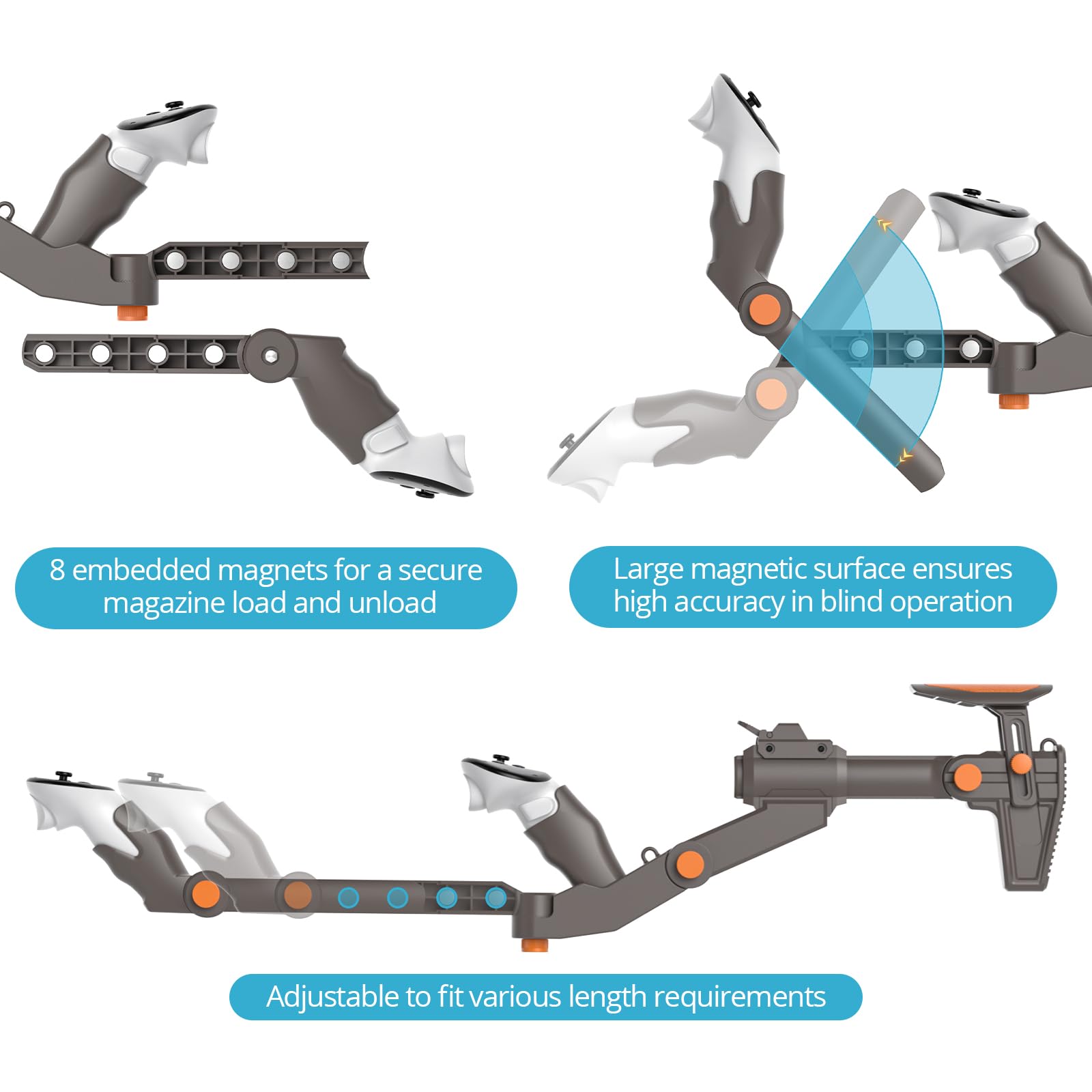 VR Gunstock for Meta Quest 2 Quest 3 Quest 3S Quest Pro – Adjustable FPS Gaming Controller Accessories with Quick Magnetic Attachment Cheek Pad for Immersive VR Gameplay (Gunmetal Gray)