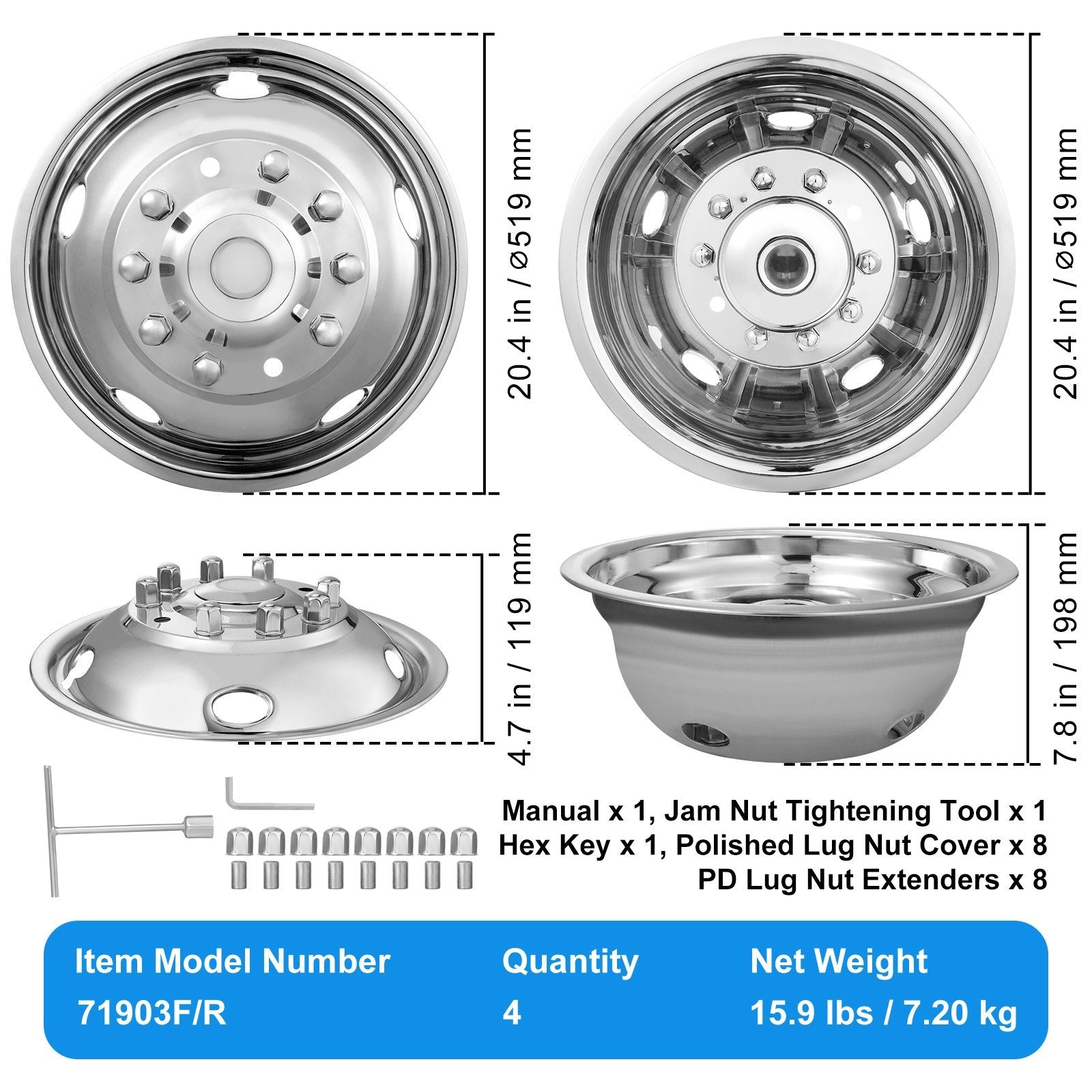 VEVOR 19.5-inch 10 Lug Wheel Simulators, 304 Stainless Steel Wheel Simulator Kit With Mirror Polished Finish, 2 Front And 2 Rear Wheel Covers Fit For For Ford , 4 Pcs